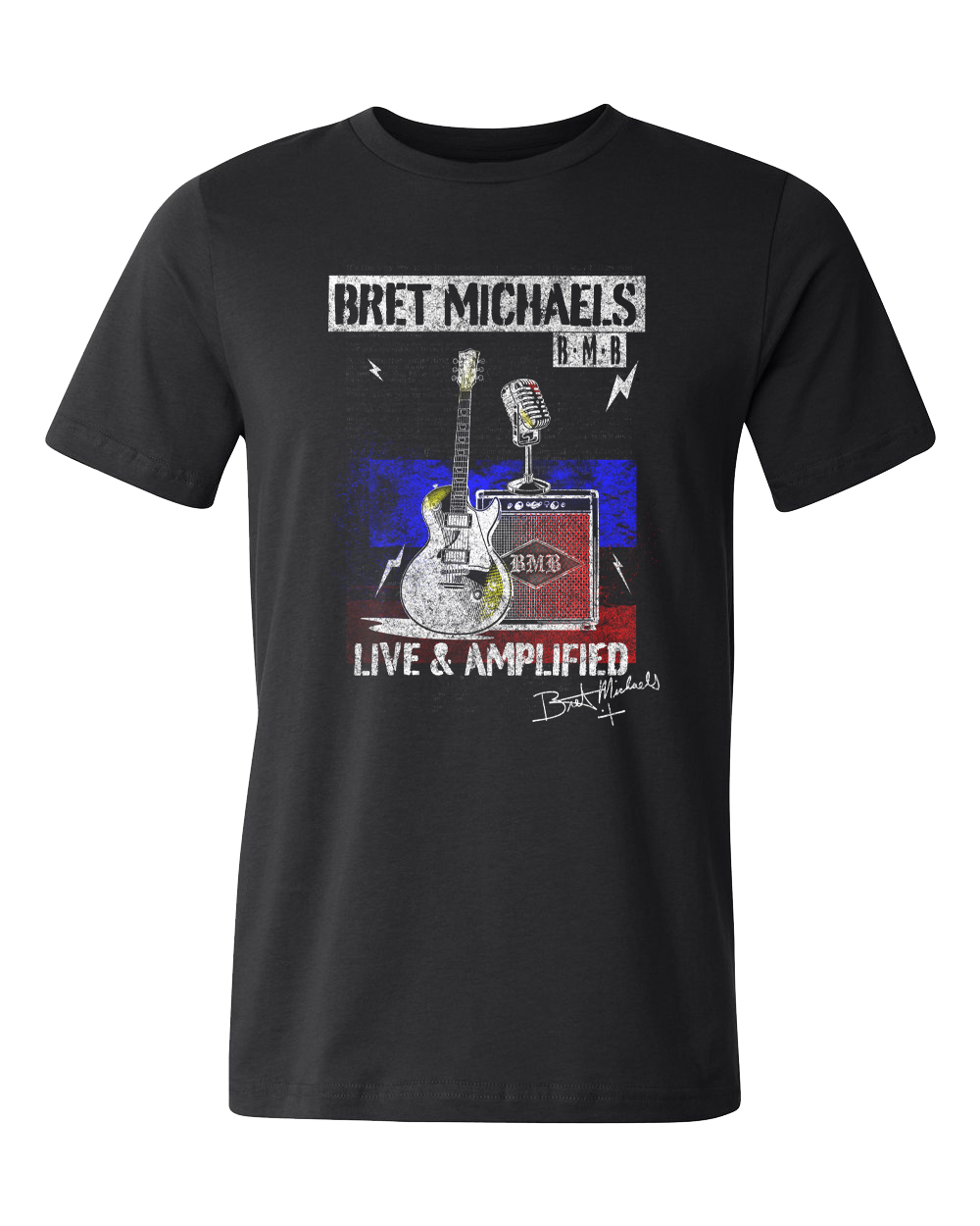 Live & Amplified Unisex Tee Bret Michaels, Brett Michaels, Bret Micheals, Brett Micheals, LIfestyle, Style, Life, Collection, live, amplified, rock and roll, bmb, red, white, blue, tee shirt