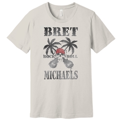 Rock n Roll Skull Tee in Vintage White Bret Michaels, Brett Michaels, Bret Micheals, Brett Micheals, LIfestyle, Style, Life, Collection, rock n roll, Skull, Crossed Guitars, palm tree, tee shirt