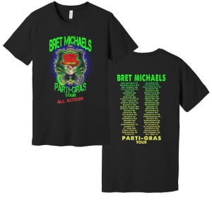 Bret Michaels Men's/Unisex Tee - Parti-Gras Top Hat Skull Design w/Cities Bret Michaels, Brett Michaels, Bret Micheals, Brett Micheals, LIfestyle, Style, tee, shirt, v-neck, parti-gras, palm tree guitar, Skull, Top Hat