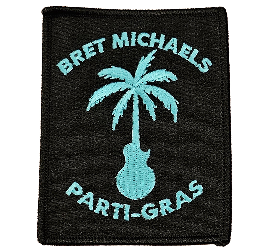 Teal Bret Michaels Palm Tree Guitar Parti-Gras Patch Bret Michaels, Brett Michaels, Bret Micheals, Brett Micheals, LIfestyle, Style, Life, Collection, palm tree guitar, patch, parti-gras